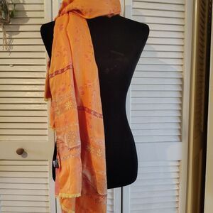 Marc Rozier Paris Silk Blend Scarf – Orange with Gold Floral Accents - Size - OS